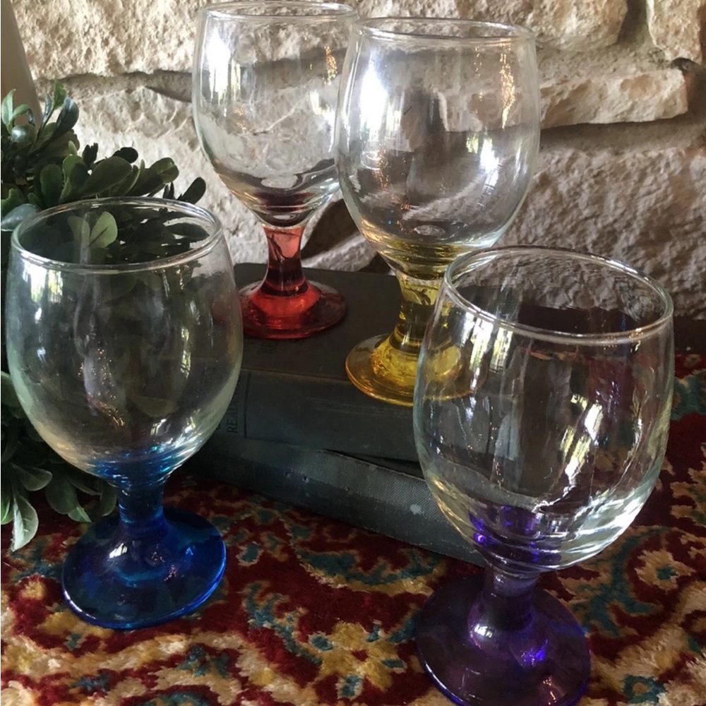 4 VINTAGE Prodyne Wine Glass Goblets 12 oz. Assorted Multicolor Stems Excellent